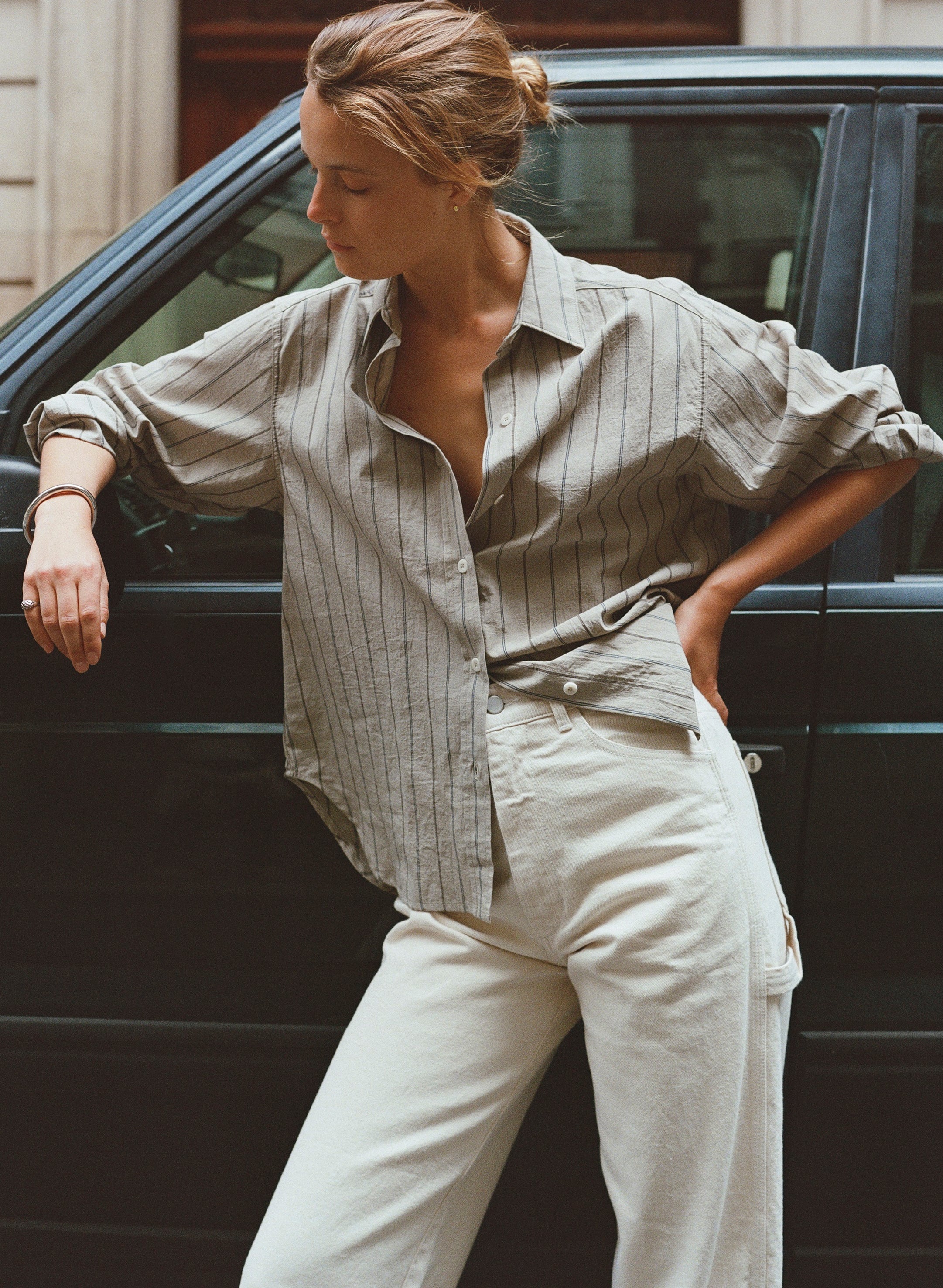 Marcie Shirt, Japanese Organic Cotton, Olive Stripe