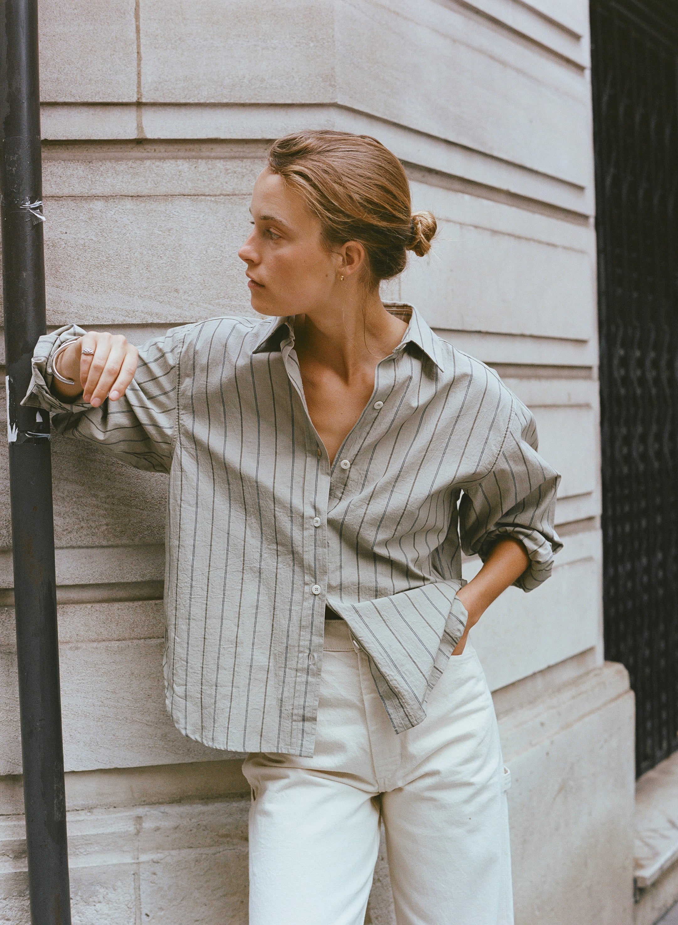 Marcie Shirt, Japanese Organic Cotton, Olive Stripe