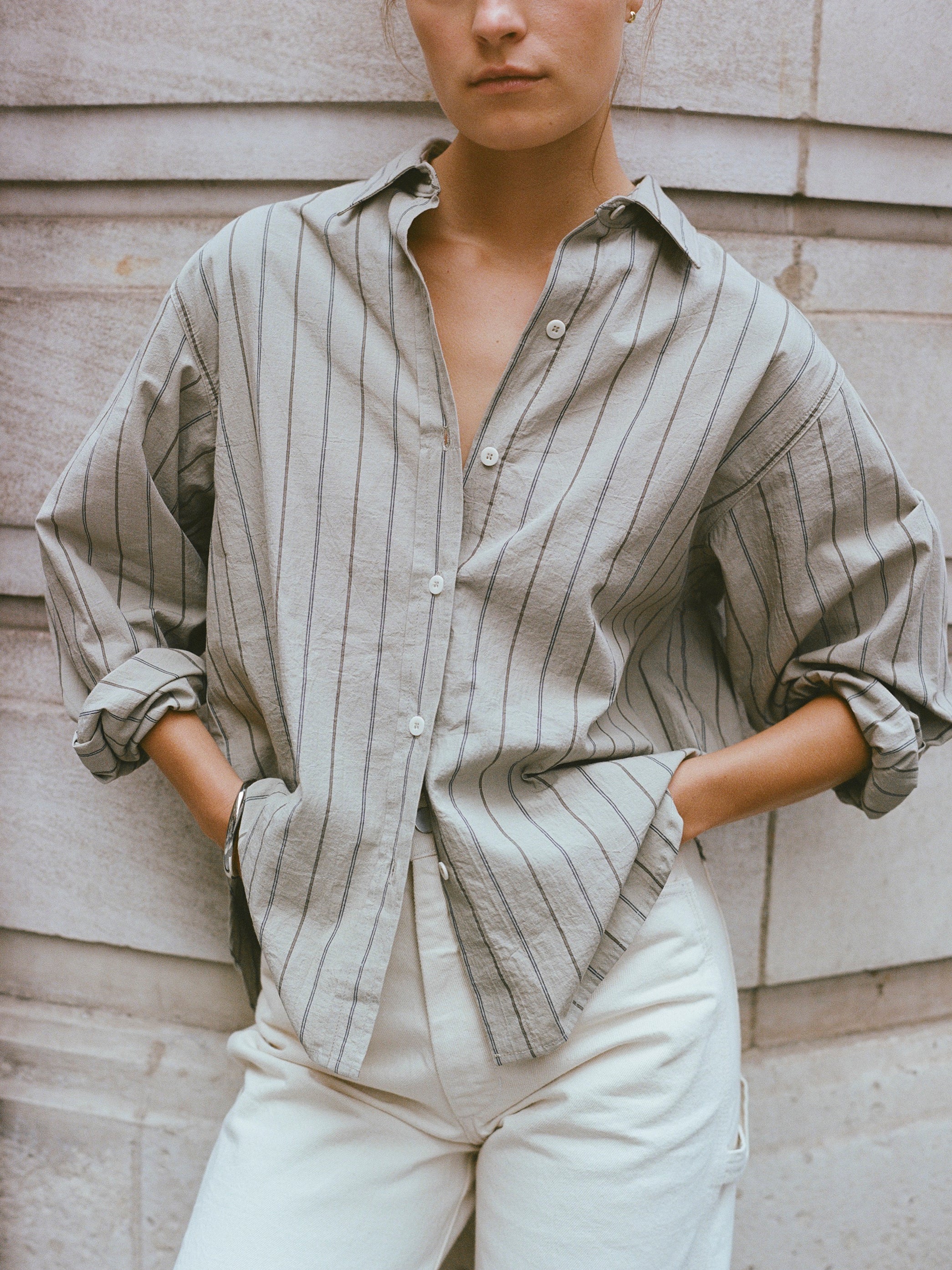 Marcie Shirt, Japanese Organic Cotton, Olive Stripe
