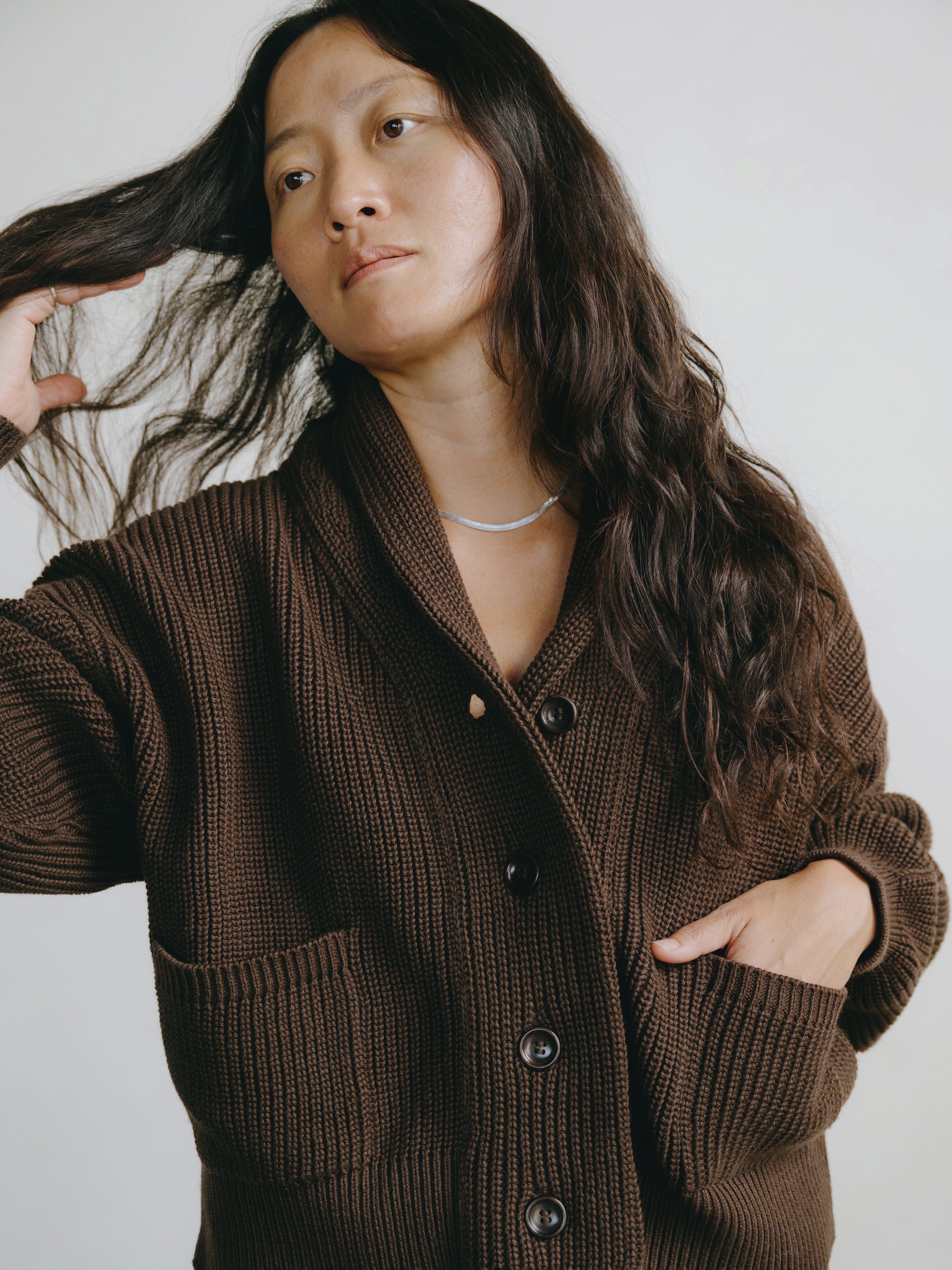 Sloan Cardigan, Organic Tanguis Cotton, Chocolate