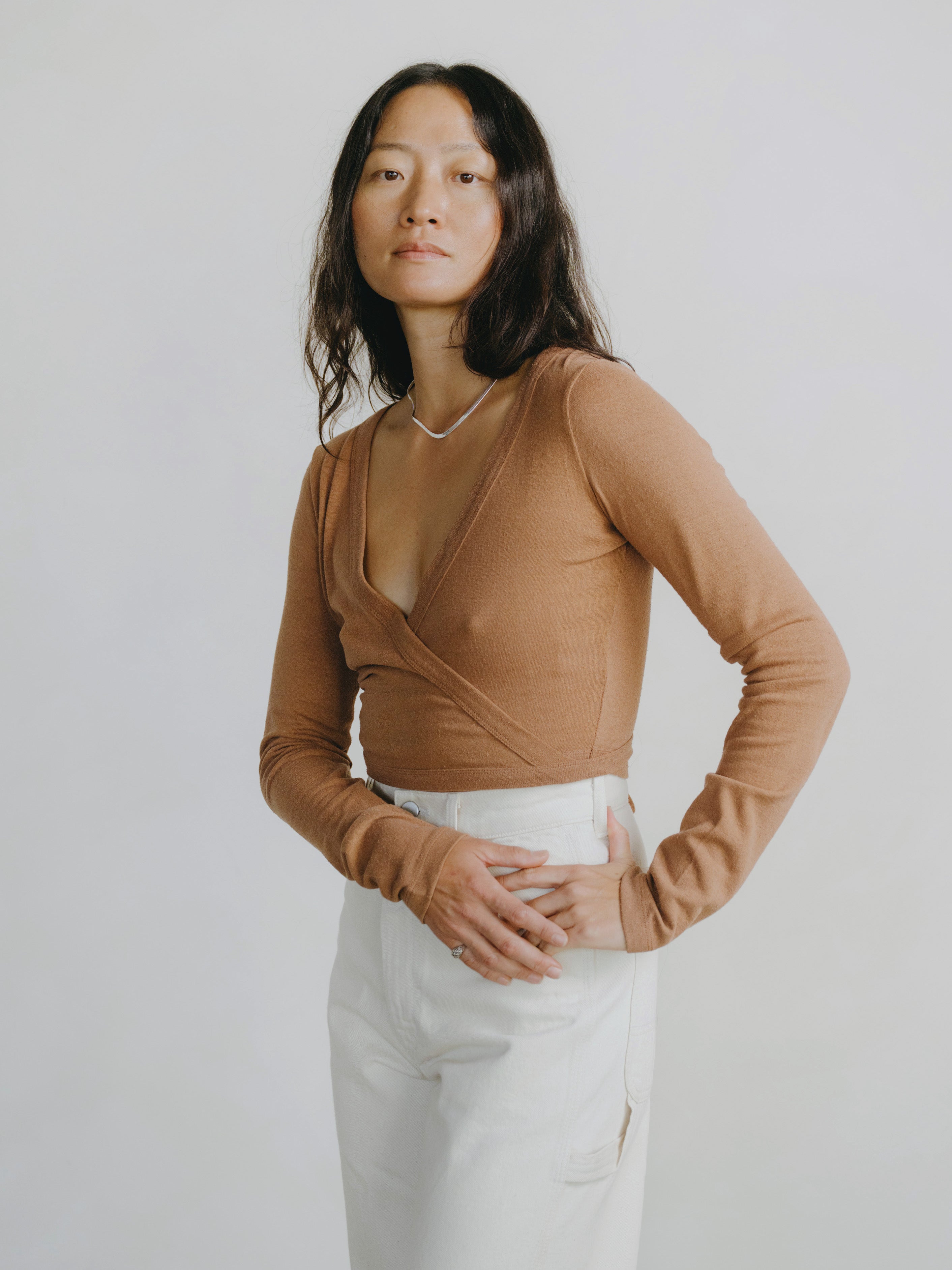 Dance Wrap Top, Regen Silk Noil Jersey, Terracotta
