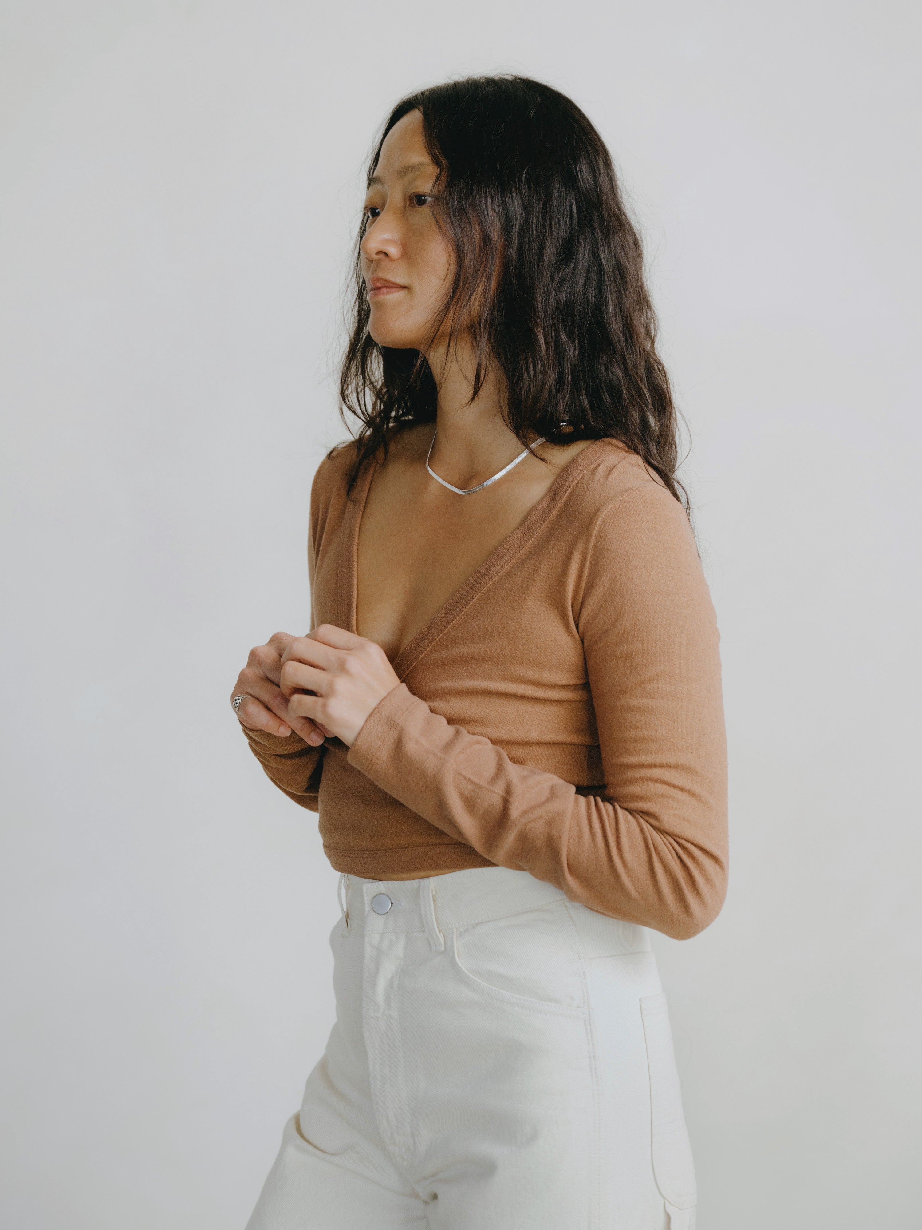 Dance Wrap Top, Regen Silk Noil Jersey, Terracotta