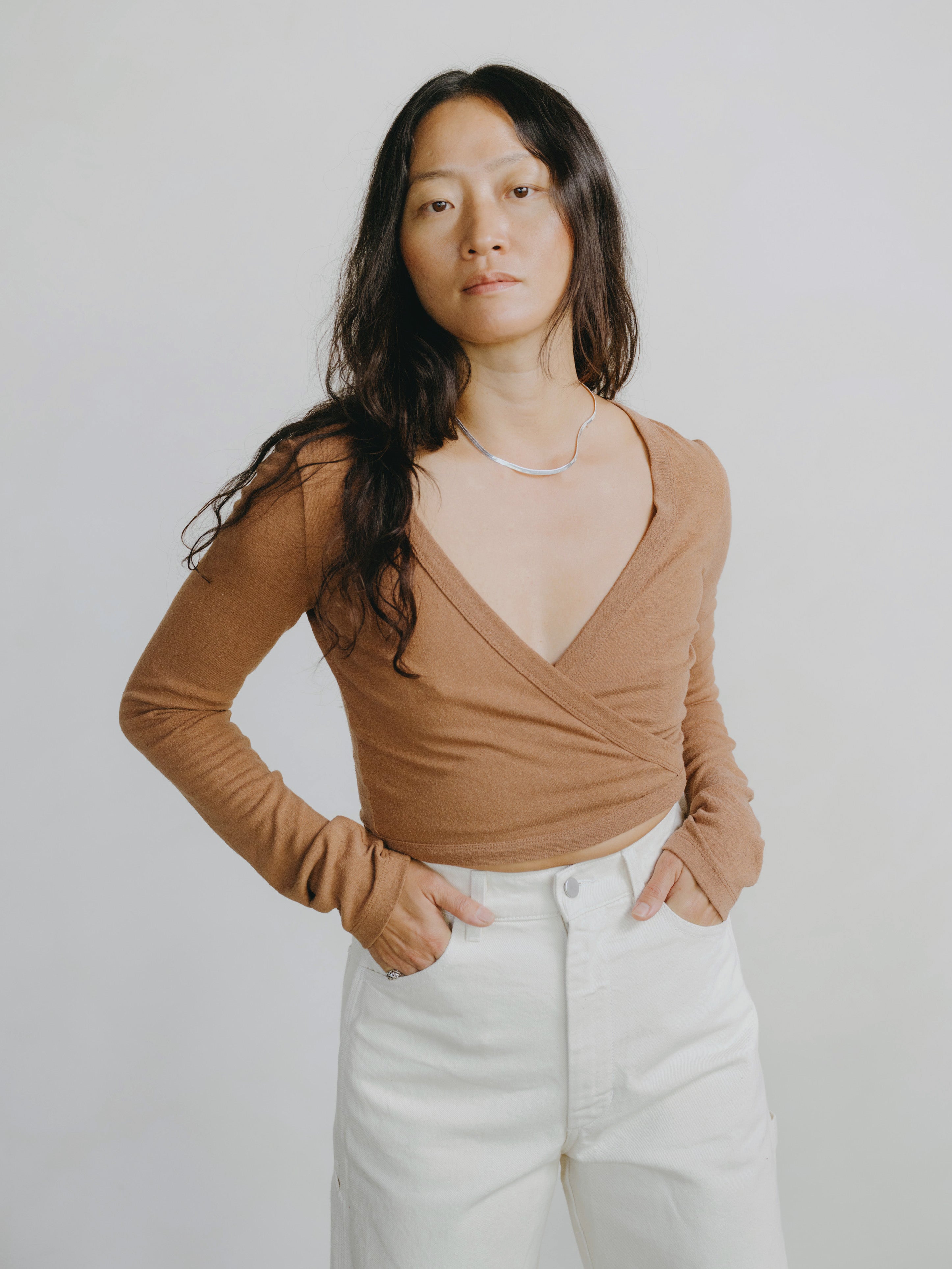 Dance Wrap Top, Regen Silk Noil Jersey, Terracotta