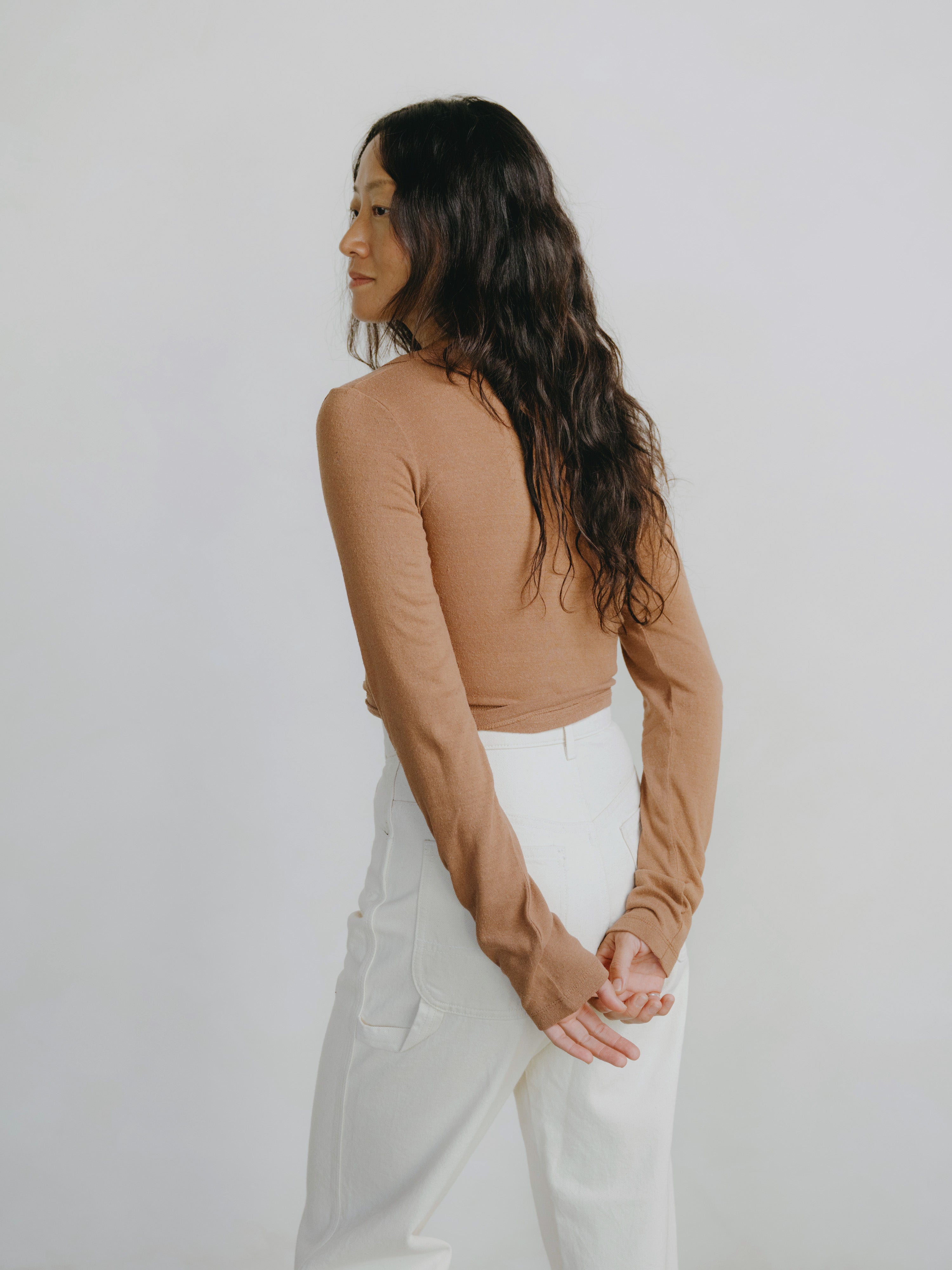 Dance Wrap Top, Regen Silk Noil Jersey, Terracotta