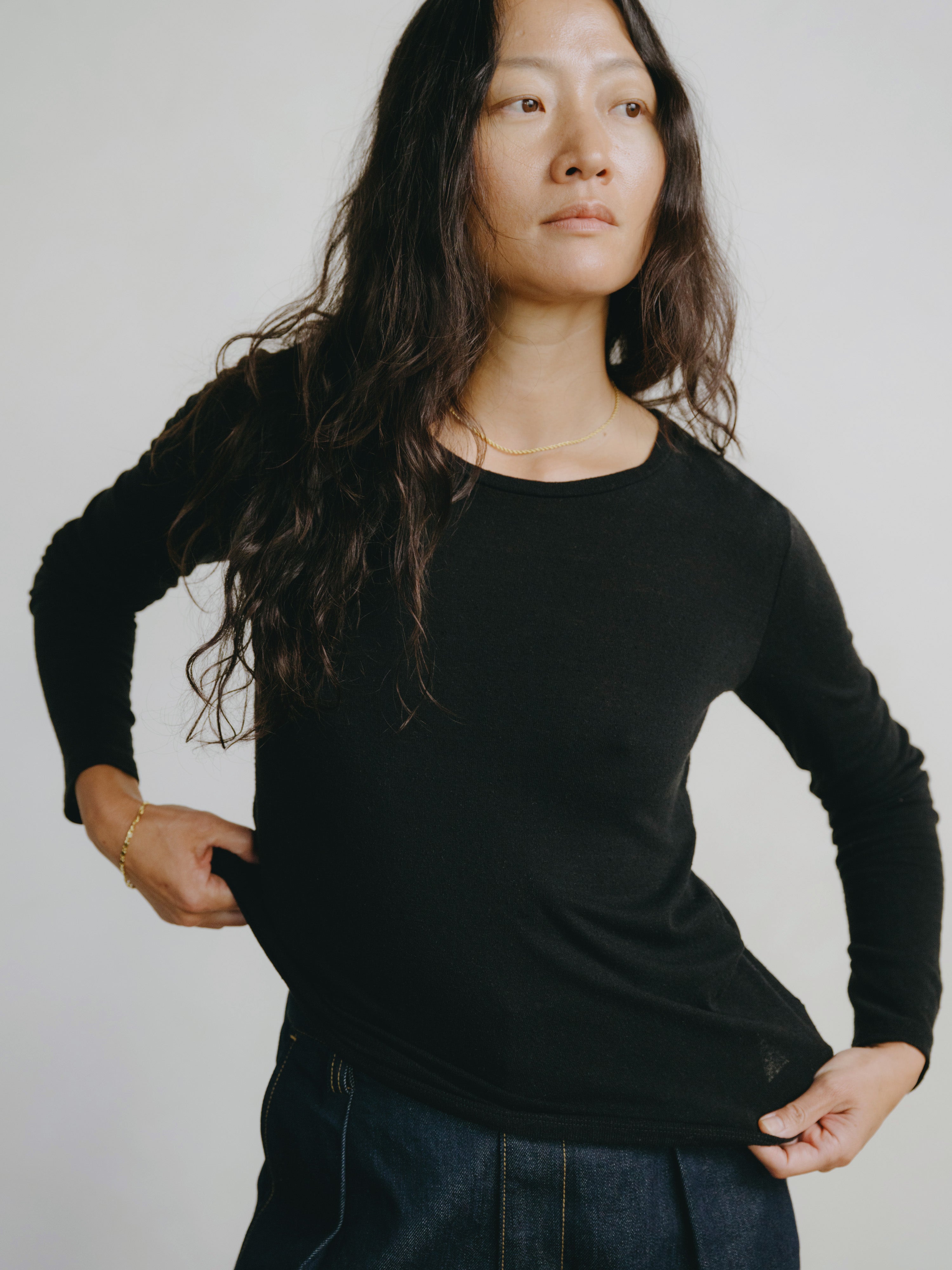 Classic Long Sleeve, Regen Silk Noil Jersey, Black