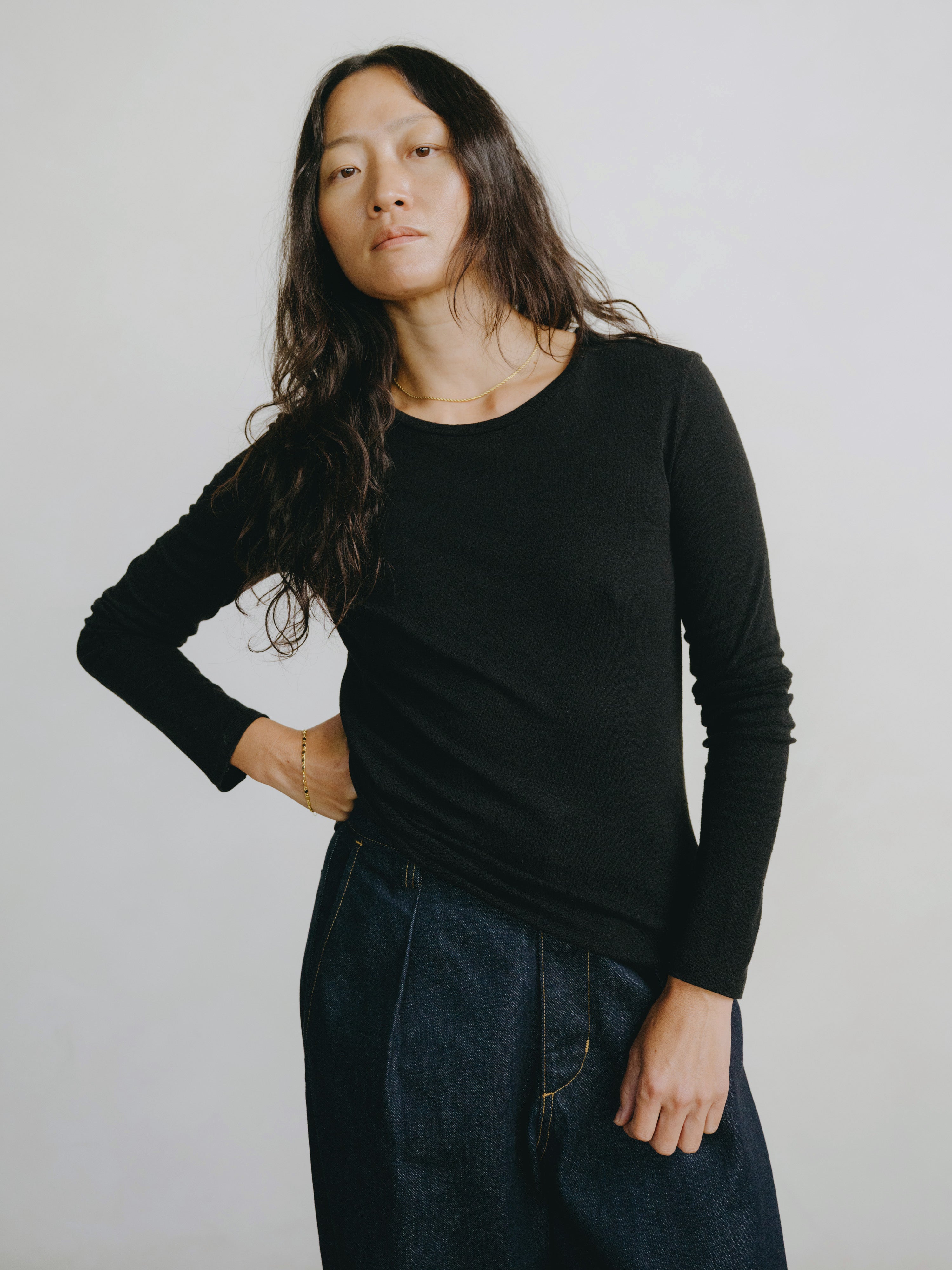 Classic Long Sleeve, Regen Silk Noil Jersey, Black