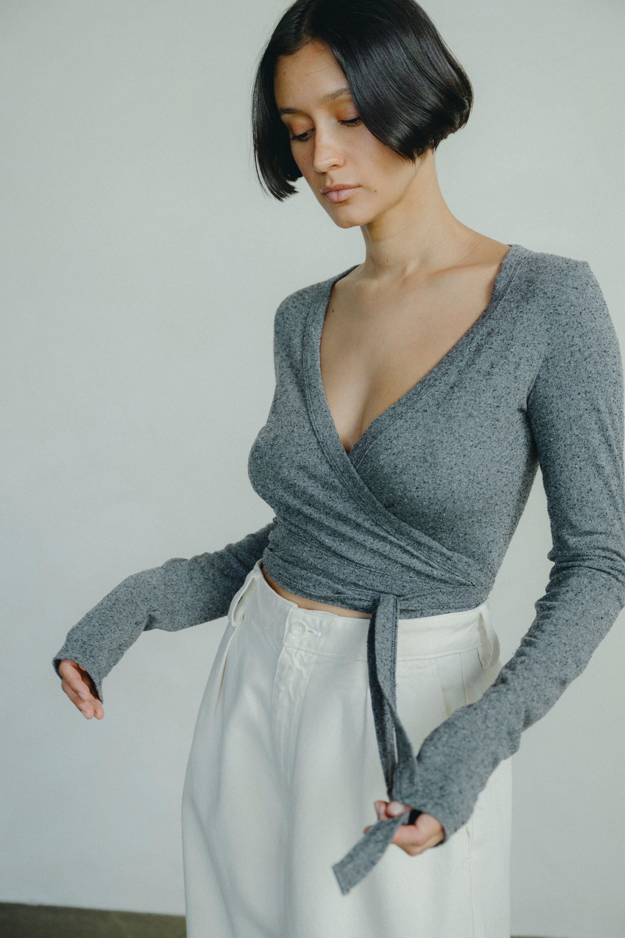 Dance Wrap Top, Regen Silk Noil Jersey, Charcoal Heather