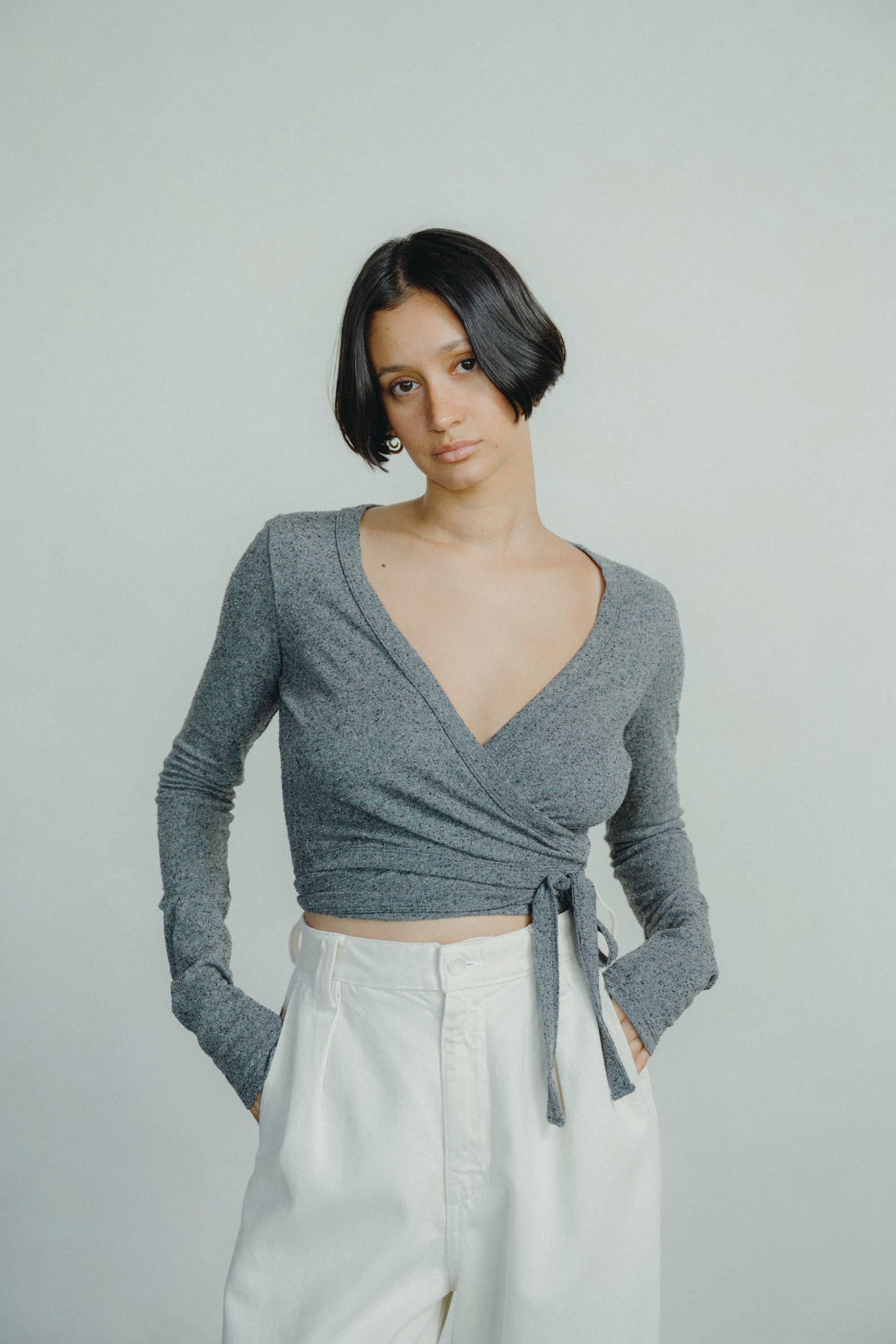 Dance Wrap Top, Regen Silk Noil Jersey, Charcoal Heather