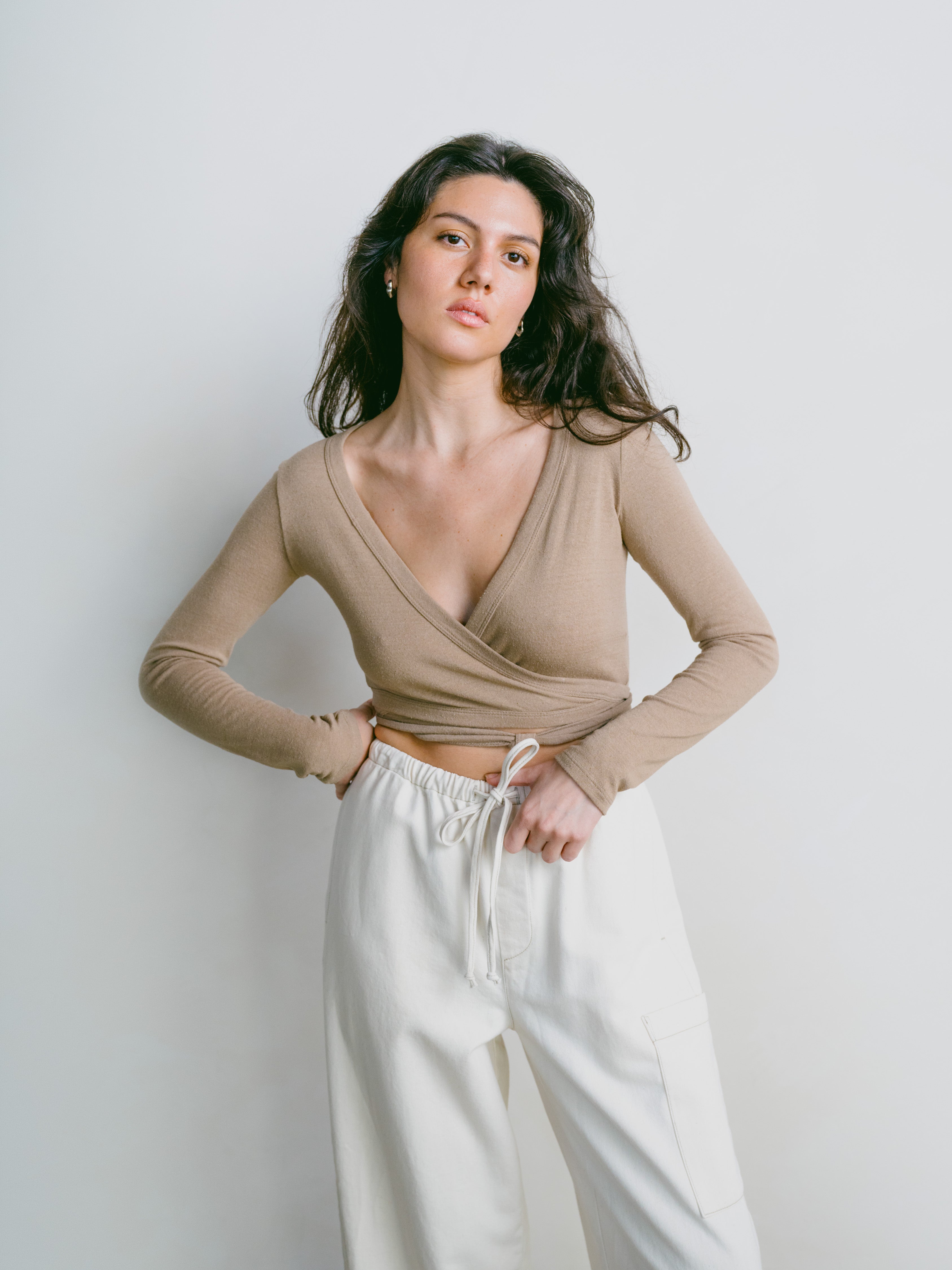 Dance Wrap Top, Regen Silk Noil Jersey, Tea