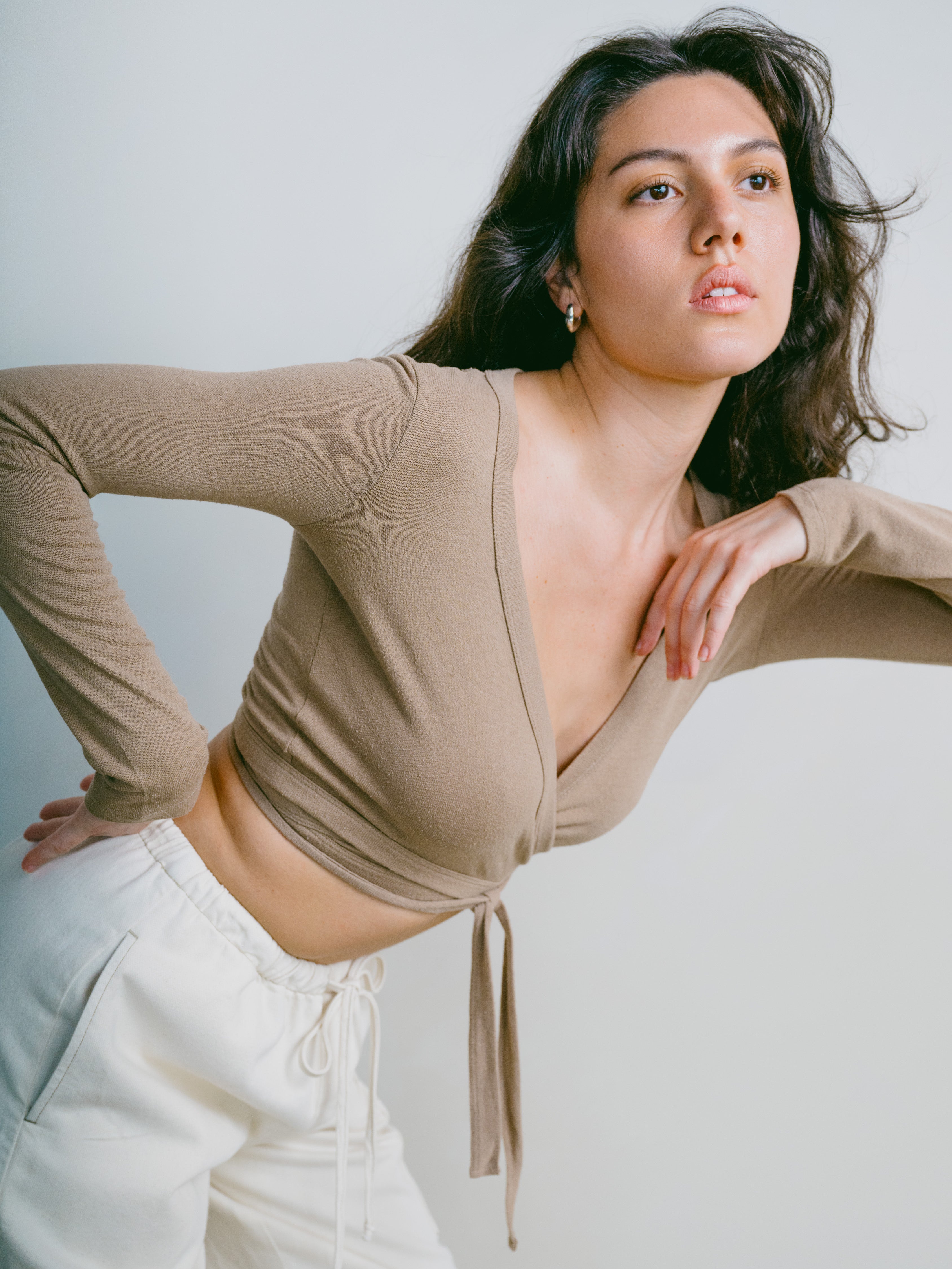 Dance Wrap Top, Regen Silk Noil Jersey, Tea