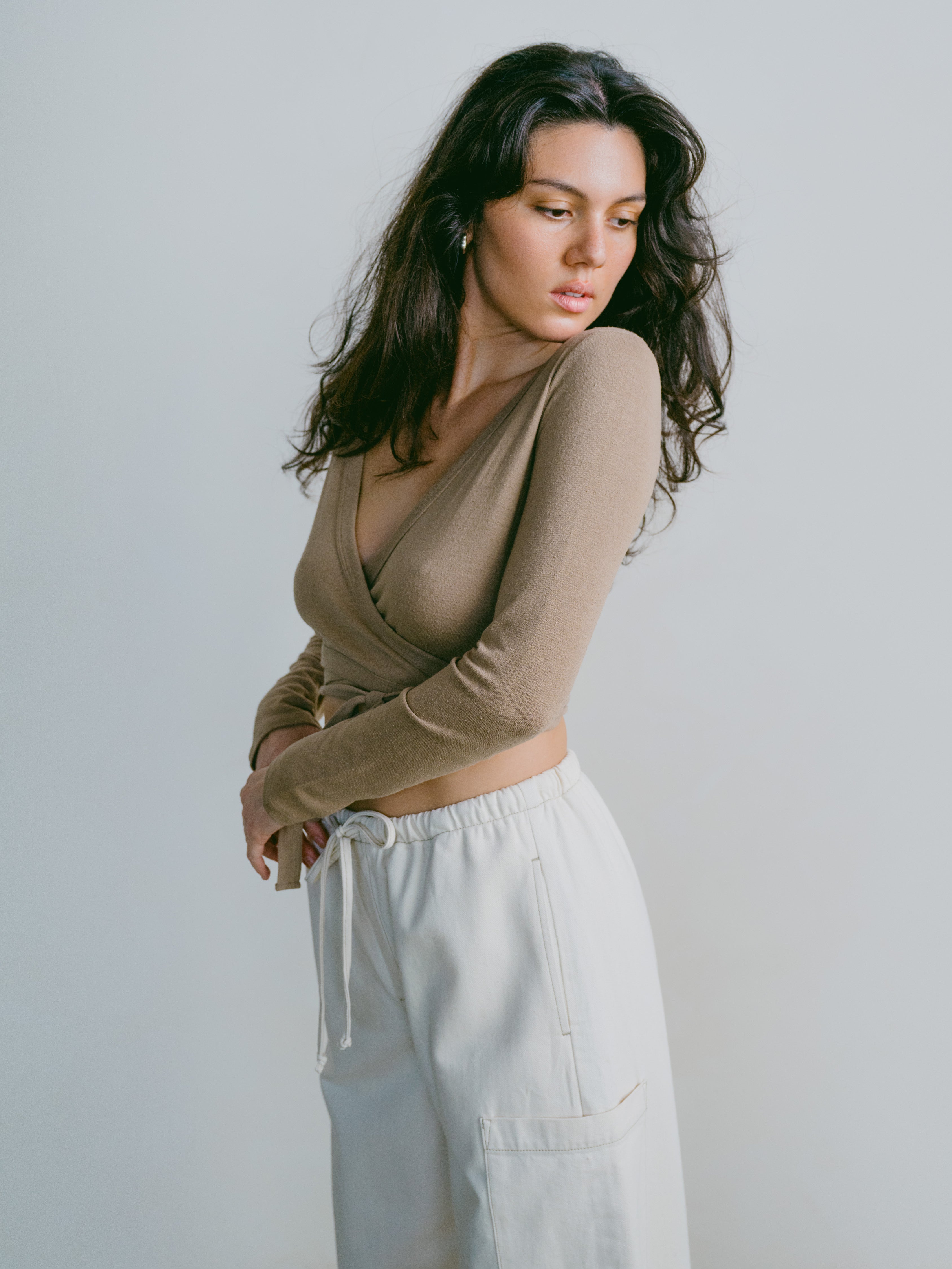 Dance Wrap Top, Regen Silk Noil Jersey, Tea