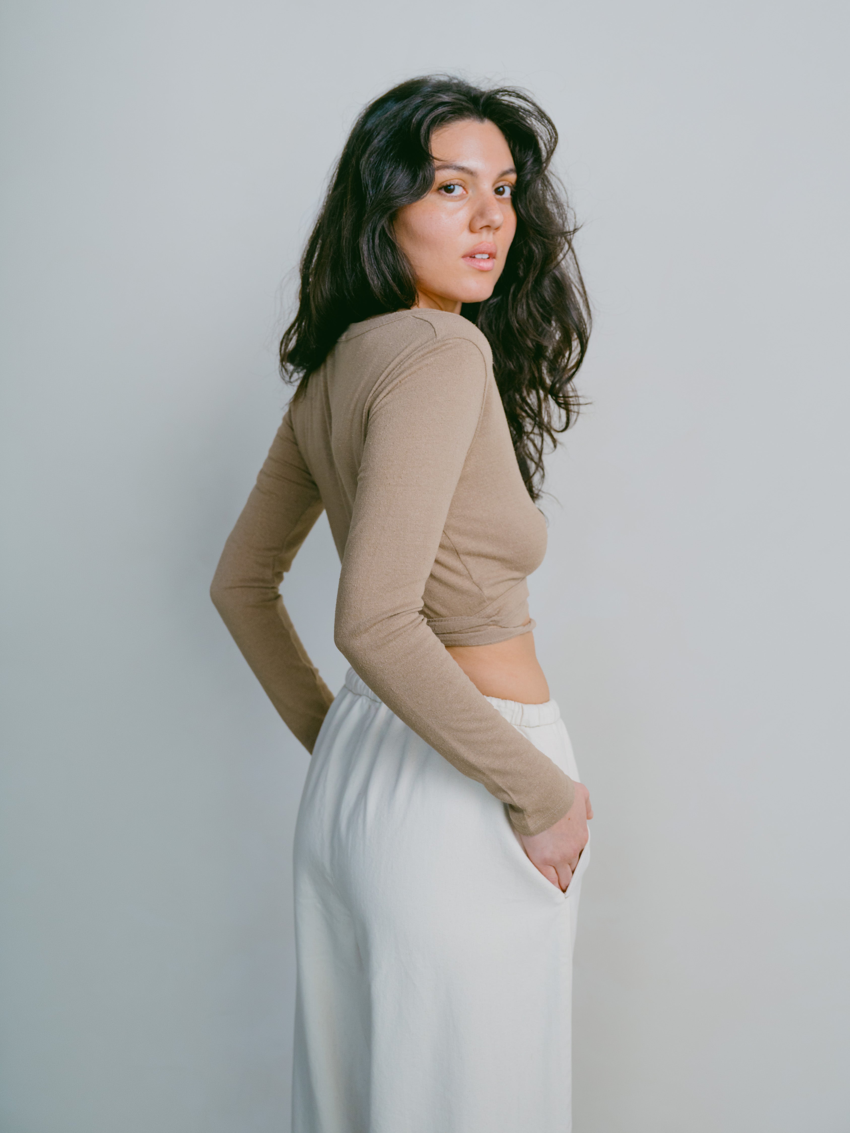 Dance Wrap Top, Regen Silk Noil Jersey, Tea